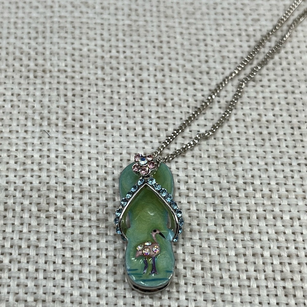 Vintage Sterling Silver Flip-Flop Pendant Necklace with Flamingo & Crystals, 18” - Picture 8 of 15